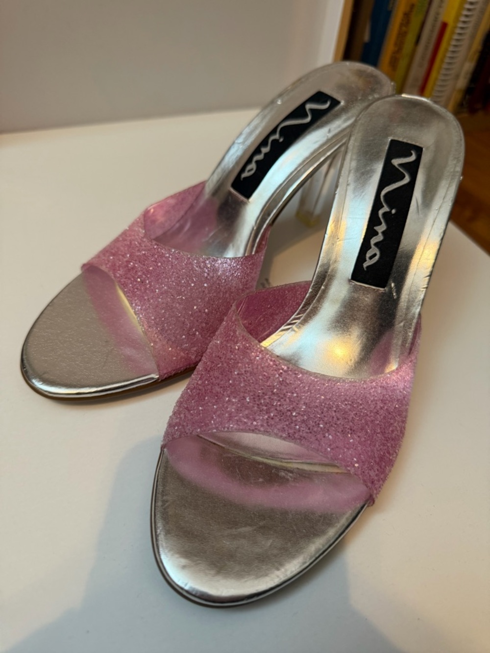 Nina Cotton Candy Pink Crystal Glitter Open Toe Clear Acrylic Sandal Heel